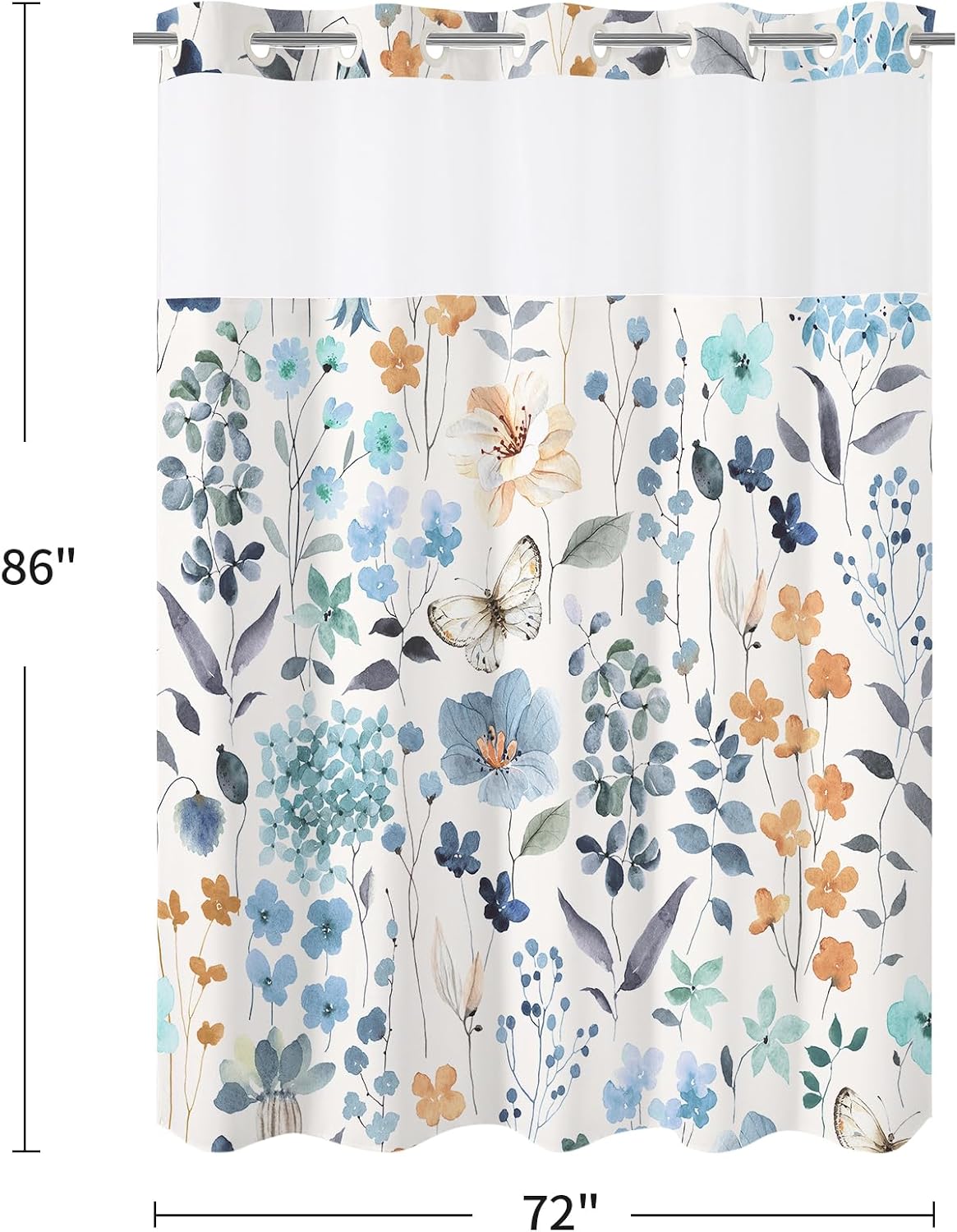 Litabel Extra Long No Hook Blue Watercolor Floral Shower Curtain and Liner Set, Blue Flower Shower Curtain with Snap in Liner for Farmhouse Decor, Modern Botanical Bathroom Curtain with Leaves, 72x86