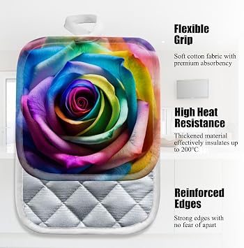 4 Pack Pot Holders,Kitchen Essential, Potholder Set,Rich - Colored Rainbow Rose