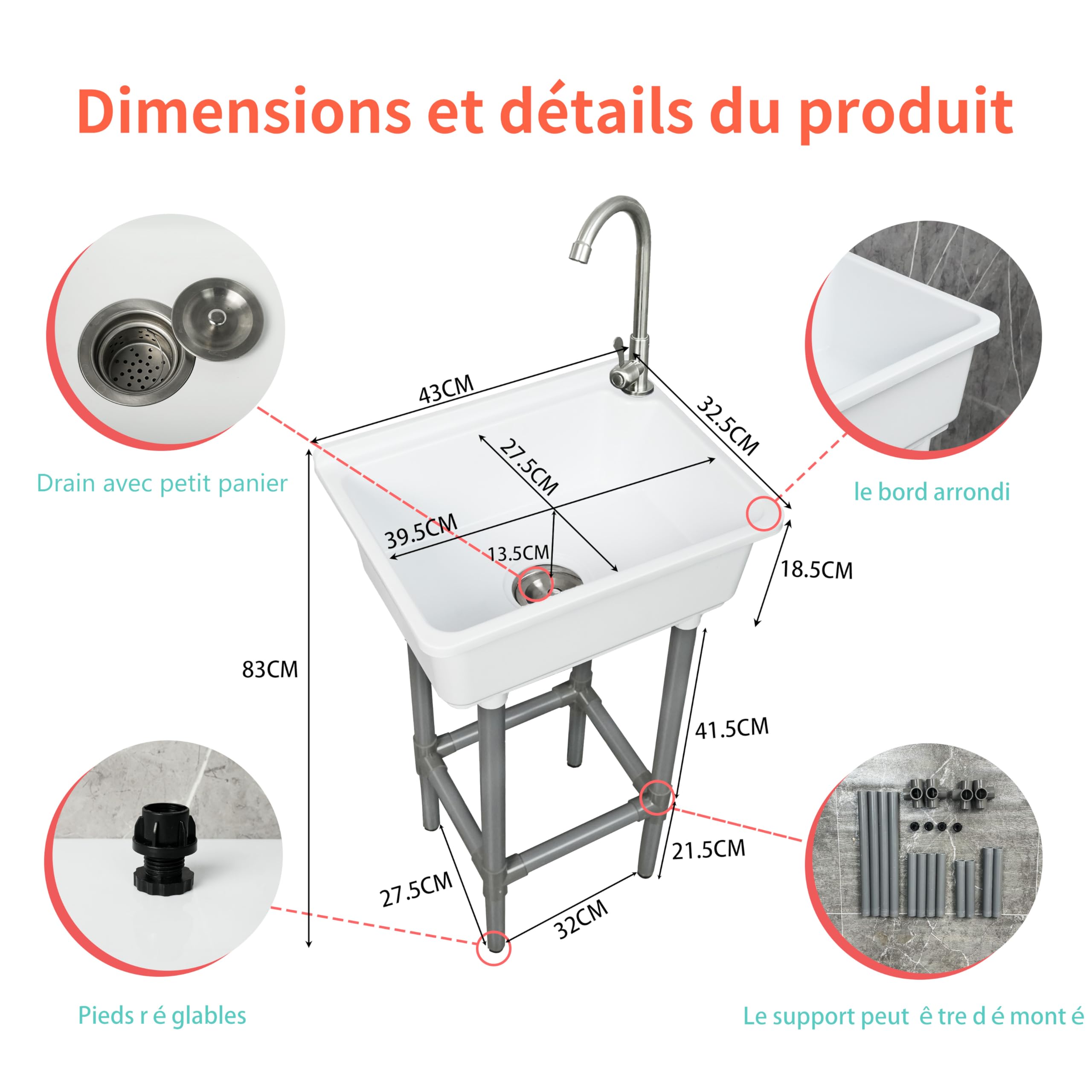 Évier utilitaire mural 42x32 cm cuve unique plastique avec trou robinet 3,2 cm