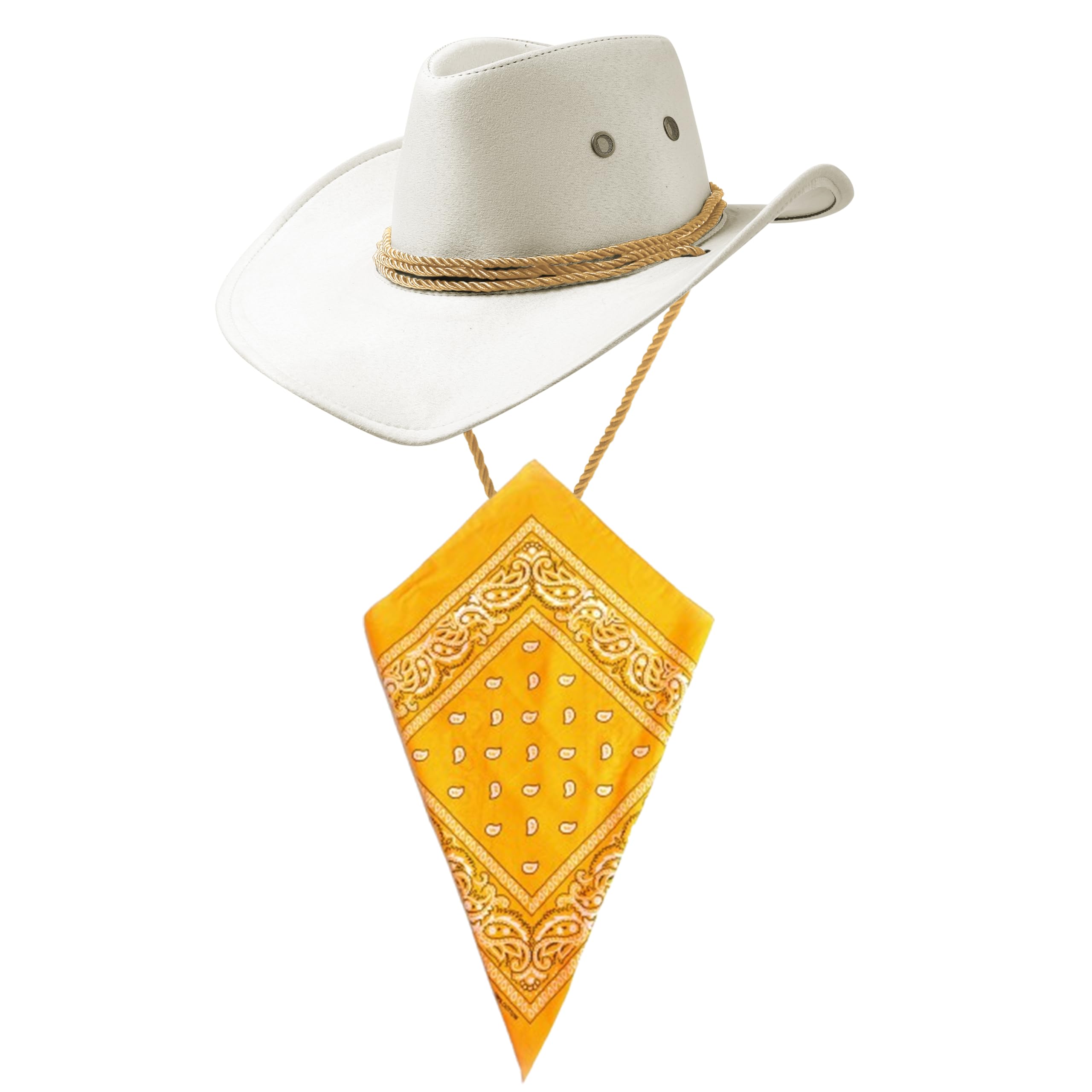 Komonee White Cowboy Hat and Amber Bandana Western Sun Cap Faux Felt Leather Suede Fancy Dress Party Costume Outfit Neckscarf Protection Mens Womens โ image 1