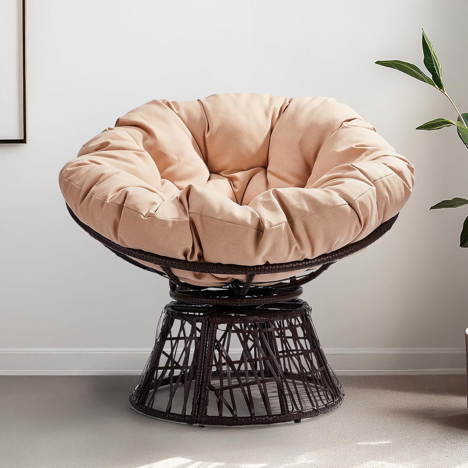 VINGLI Indoor Papasan Chairs with Thick Tufted Cushions, Swivel Wicker Ergonomic Lounge Reading Chairs for Living Room/Bedroom, Beige