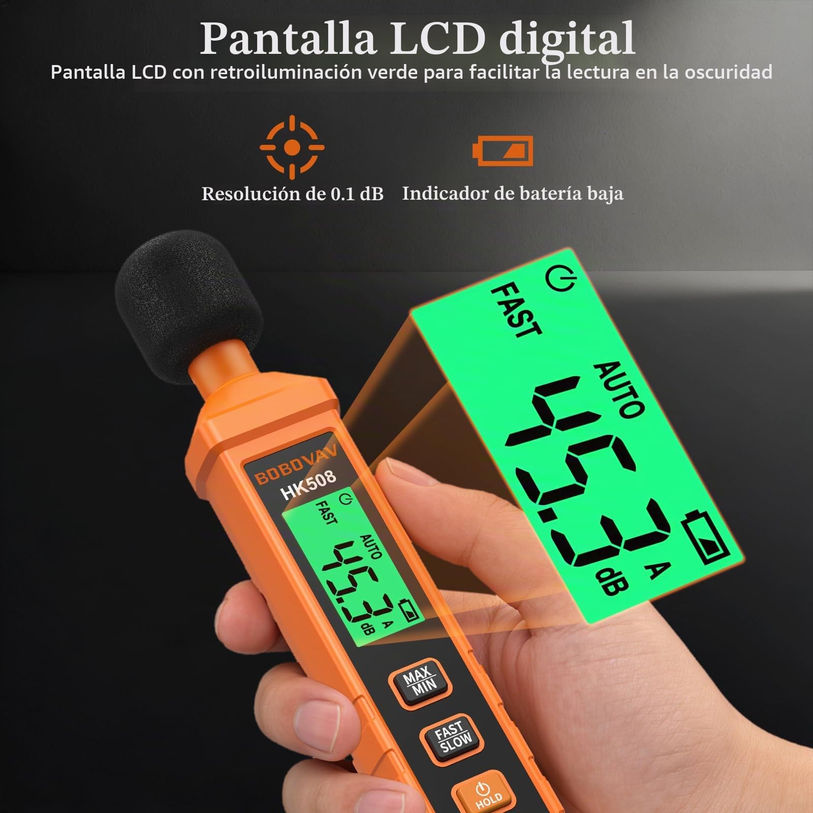 Medidor de Decibelios Digital Portátil, Rango 30-130 dB, Pantalla Verde Retroiluminada, Respuesta Fast/Slow, Memoria MAX/MIN