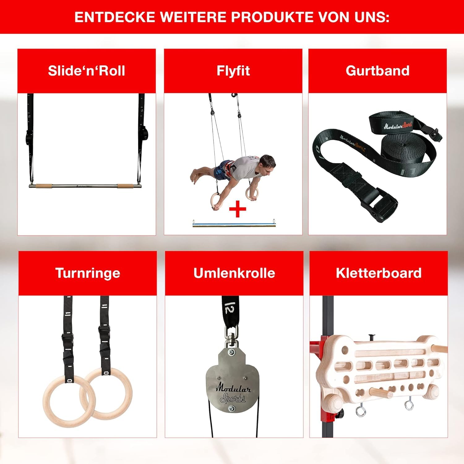 ModularSports FlyFit Extended - Fitnessgeräte für Zuhause mit Flaschenzugsystem zur Körpergewichtreduzierung / Komplettes Sportgerät Set mit Fitness Ring & Klimmzugstange für Krafttraining