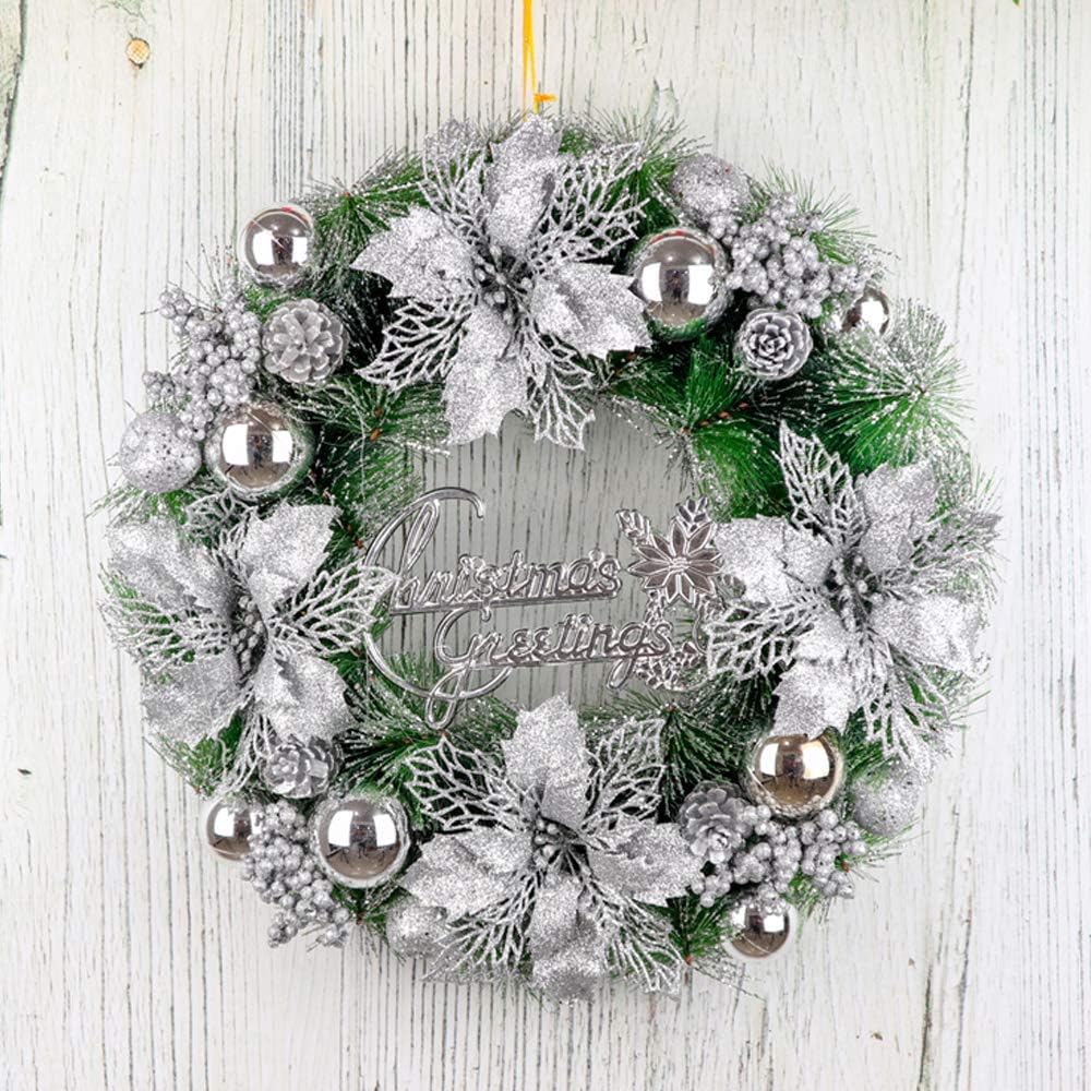 HARLIANGXY Christmas Wreath with LED Warm White, Xmas Garland, Door Wreath, Battery Pperated, Diameter Approx. 40 cm, as Decoration for Christmas, Advent, Silver