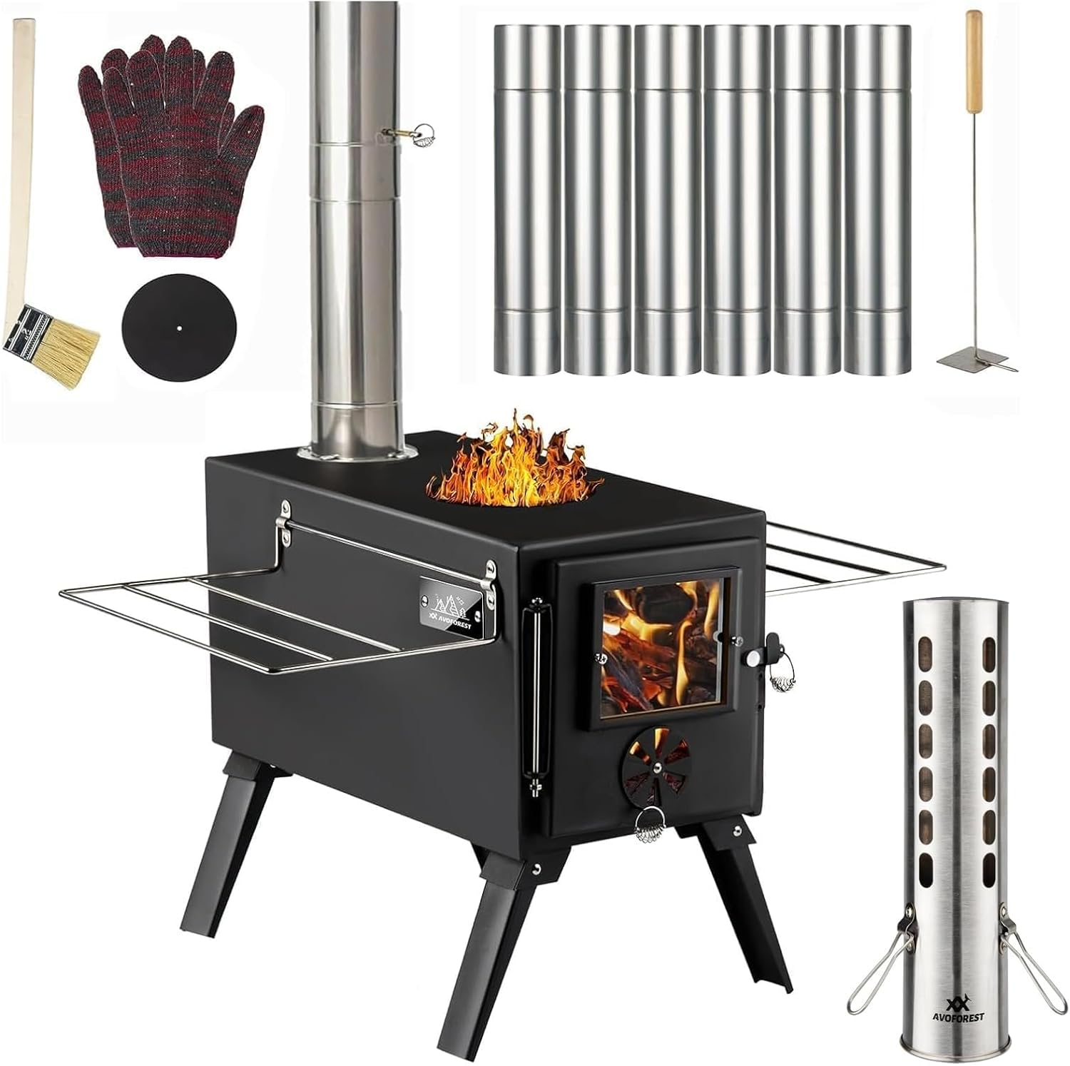 Hot Tent Stove,AVOFOREST Wood Burning Stove,Small Wood Stove with 7 Stainless Chimney Pipes for Outdoor Heating & Cooking, Ice Fishing, Hunting (Deep Black)