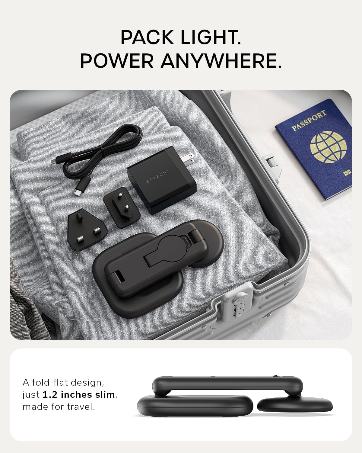 Satechi 3-in-1 Qi2 Wireless Charging Station, 25W Fast Magnetic Charger, Foldable Charging Stand for iPhone 17, Apple Watch Series 11, AirPods, 45W USB C Adapter Included, Space Black