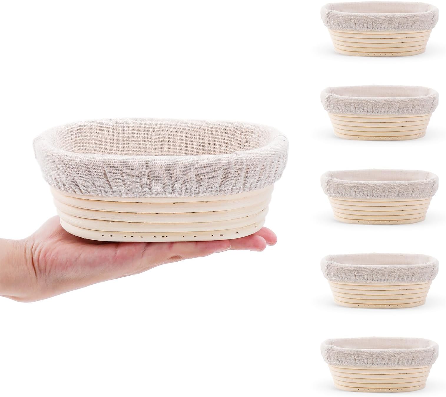 DOYOLLA Mini Oval Proofing Set (6.5inch, set of 5), Sourdough Proofing Baskets Bread Dough Rising Bowls w/Liners for Home Sourdough Bakers Baking