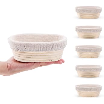 DOYOLLA Mini Oval Fermentation Set (6.5 inch, Set of 5) Sourdough Proofing Baskets, Bread Dough Pouring Bowls with Liners for