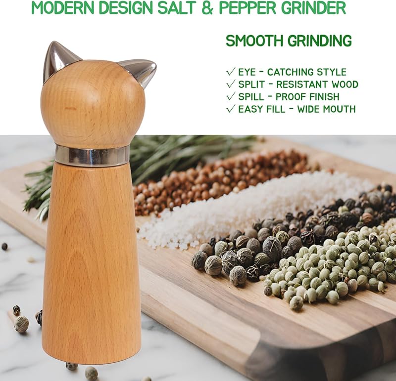 Manual Pepper Mill & Salt Grinder - Wood Adjustable Refillable Pepper Mill for Cat Lovers,Cute Kitchen Gift &Kitchen Counter Decor(7.6" Height)