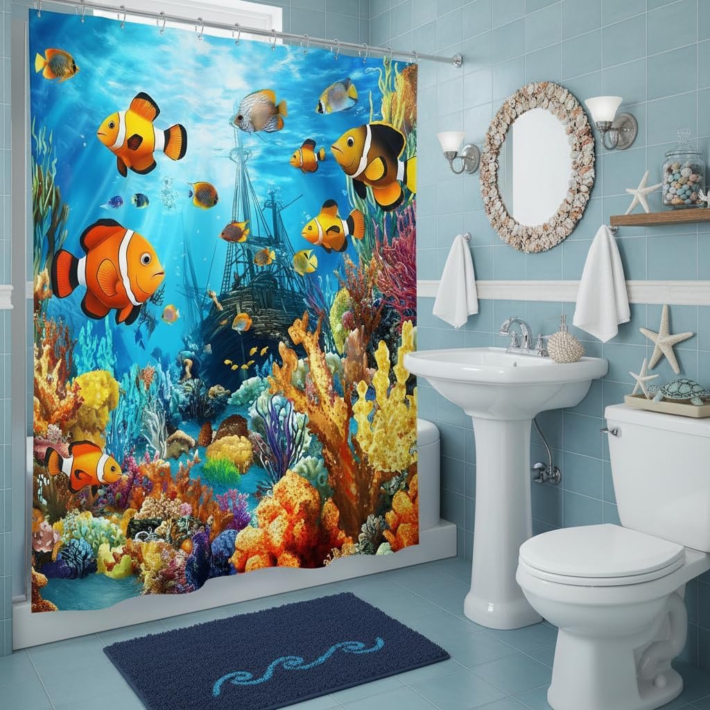 Ocean Underwater World Shower Curtain Colorful Fish Shower Curtain Sea Tropical Fishes Turtle Coral in The Deep Sea Blue Ocean Polyester Fabric Bathroom Decorative Curtain 70 x 70 inches