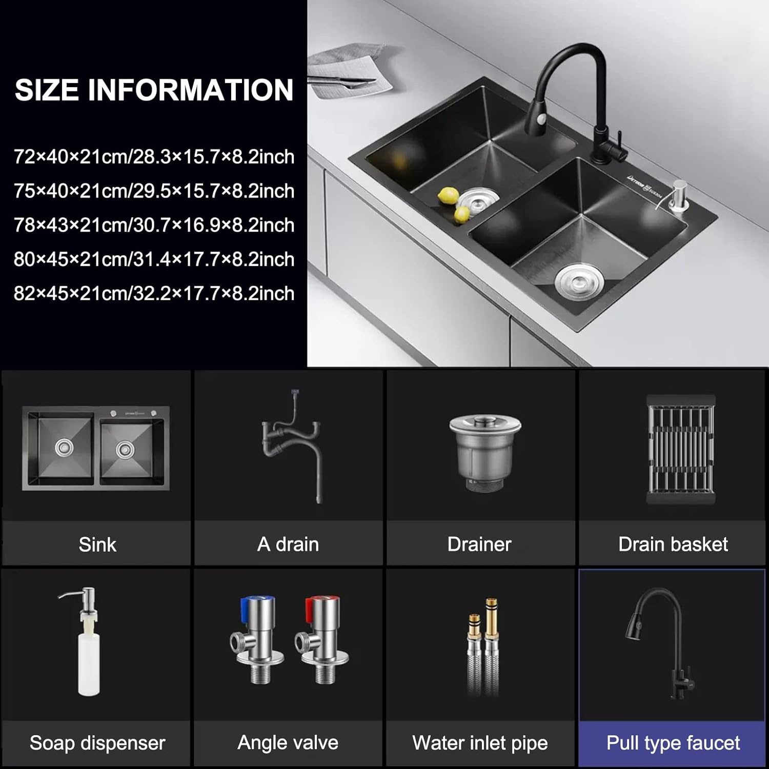 Kitchen Sinks, With Pull Type Faucet Bar Prep Kitchen Sink, 304 Stainless Steel Deep Double-bowl Sink Basin, Easy To Clean