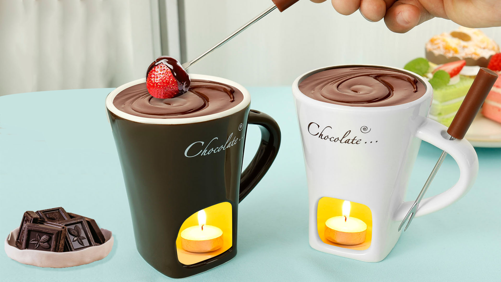 Goshoppers 2er Schokofondue-Tassen Keramik mit Gabeln 200 ml, Paargeschenk