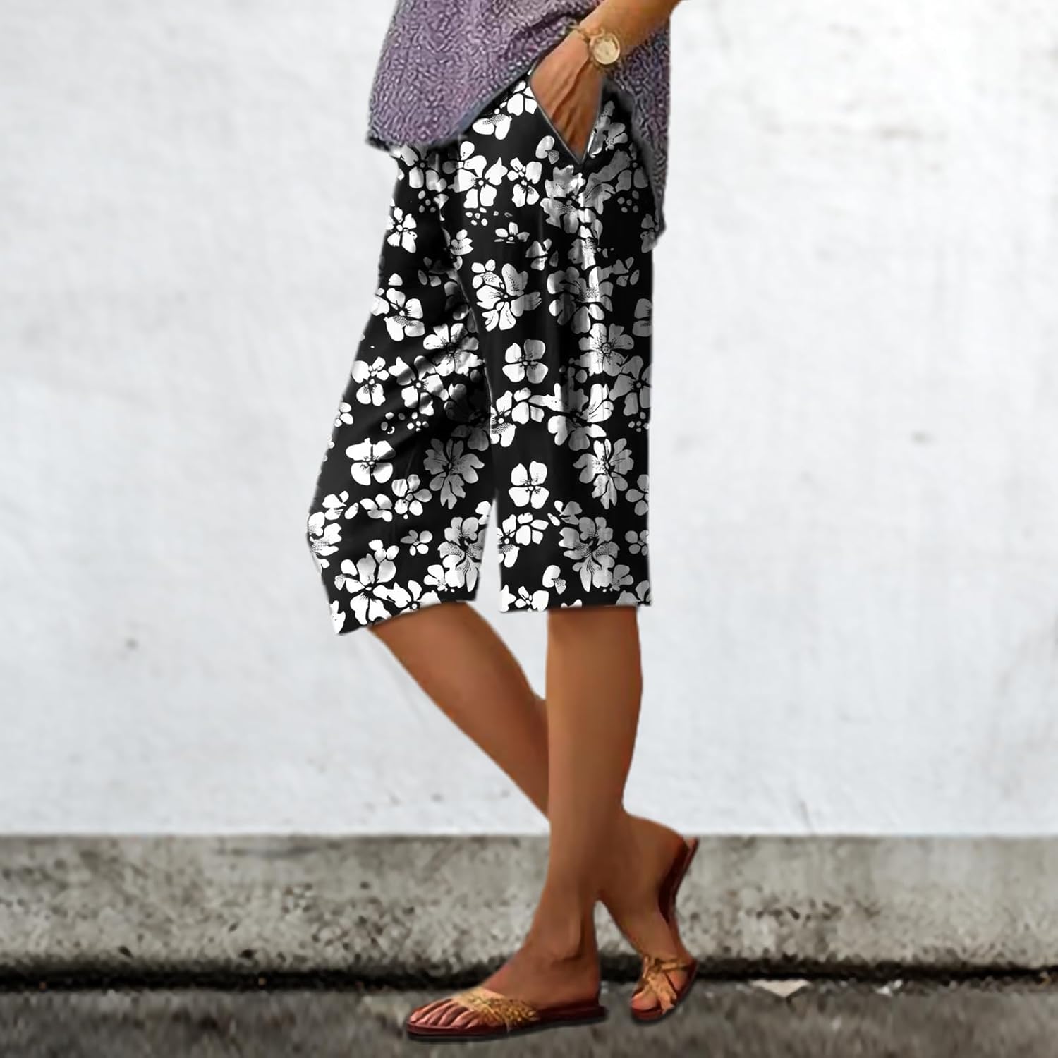 Summer Pants for Women Hawaiian Beach Vintage Floral Plus Size Elastic Waist Knee Length Comfortable Shorts - Image 2
