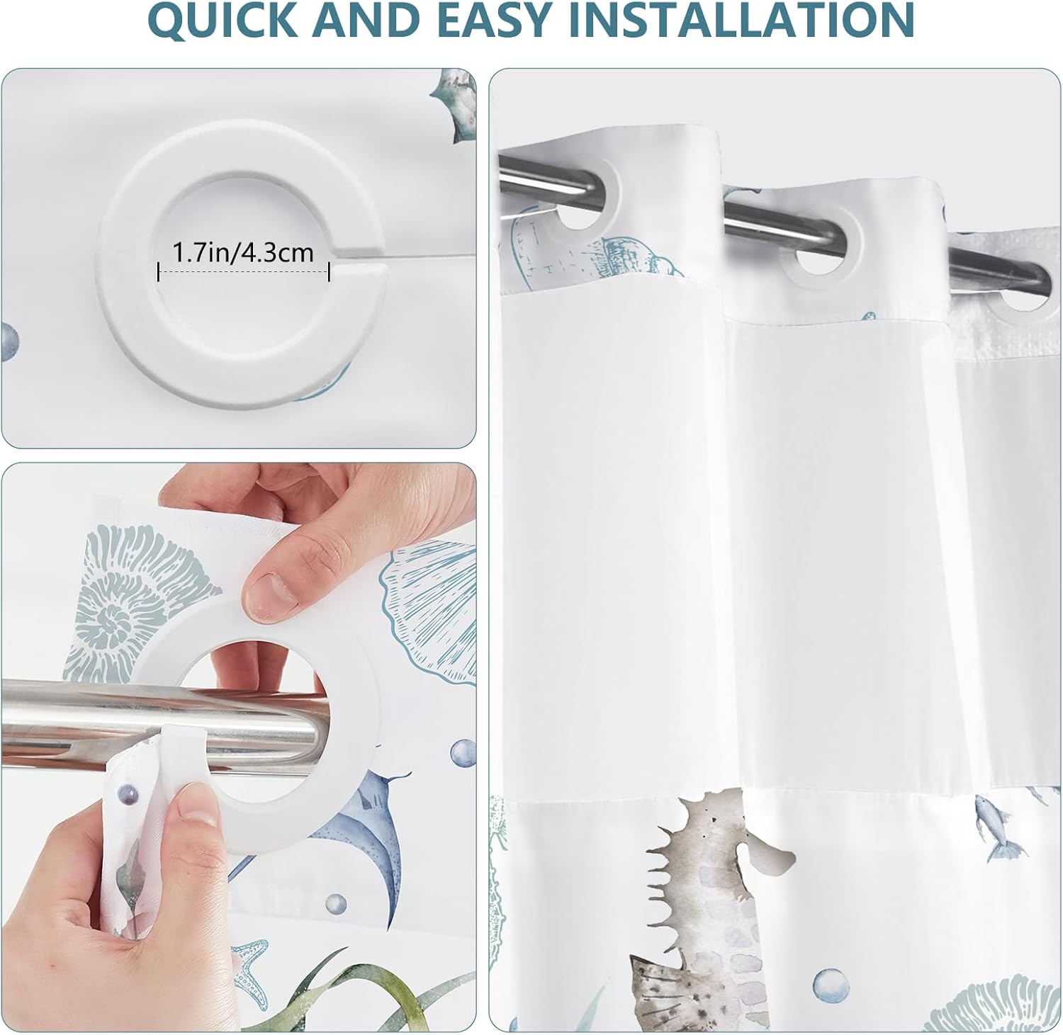 MEHOFOND Nautical Beach No Hook Shower Curtain with Snap in Liner, Starfish Seashell Coral Coastal Shower Curtain with Liner, See Through Mesh Top Window, Fabric Hotel Blue Shower Curtain 71x74IN