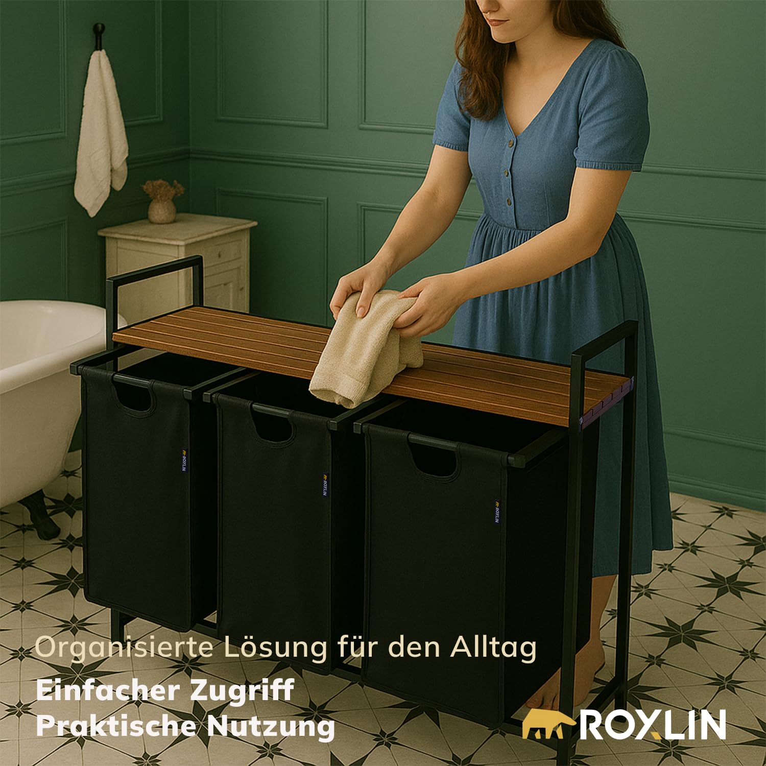 Wäschekorb mit 2 Fächern – Wäschesammler mit Deckel & Ablage Wäsche Sortierer aus Metall & Bambus Schmutzwäsche für Bad, Schlafzimmer, Waschküche Wäschesammler mit Ablage (Schwarz, 120 L)