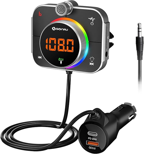 SONRU Bluetooth FM Transmitter, Bluetooth 5.0 Car Radio Adapter USB C Car Charger Fast Charging PD20W & QC3.0, Bluetooth Radio Transmitter Bass Booster, Noise Reduction, Support TF Card AUX Output