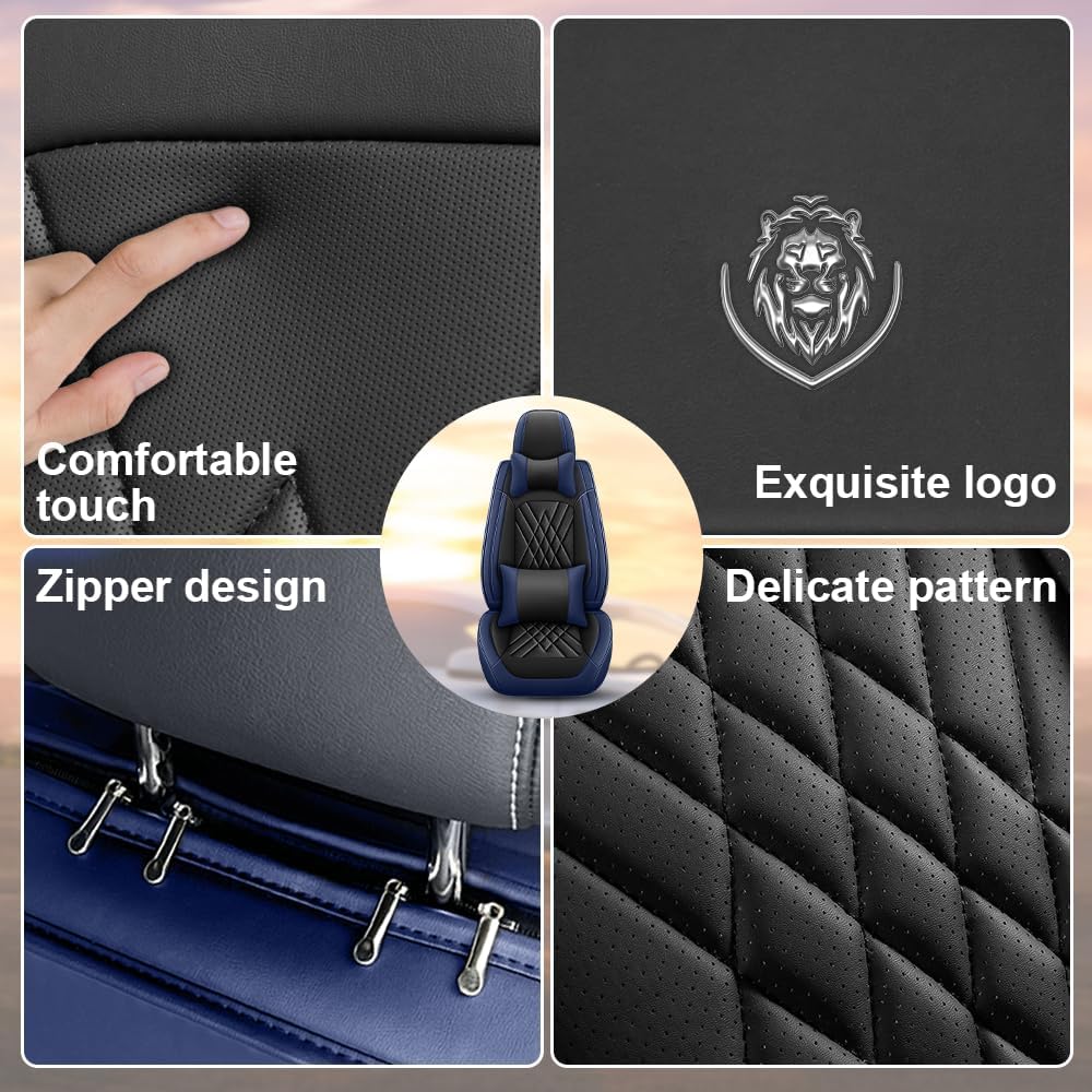 Car Seat Covers Compatible with Toyota Corolla 2002-2024, 360°Full Wrapped, Airbag Compatible Storage Pocket Zipper Design Wear Resistant Easy to Clean(Black Blue, Full Set with Pillow)