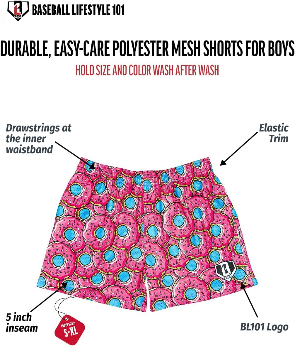 Baseball Lifestyle 101 Boy's Donut Strawberry Mesh Shorts w/Side Pockets and Elastic Waist, 5 inch Inseam, Youth Sizes S-XL - Image 3