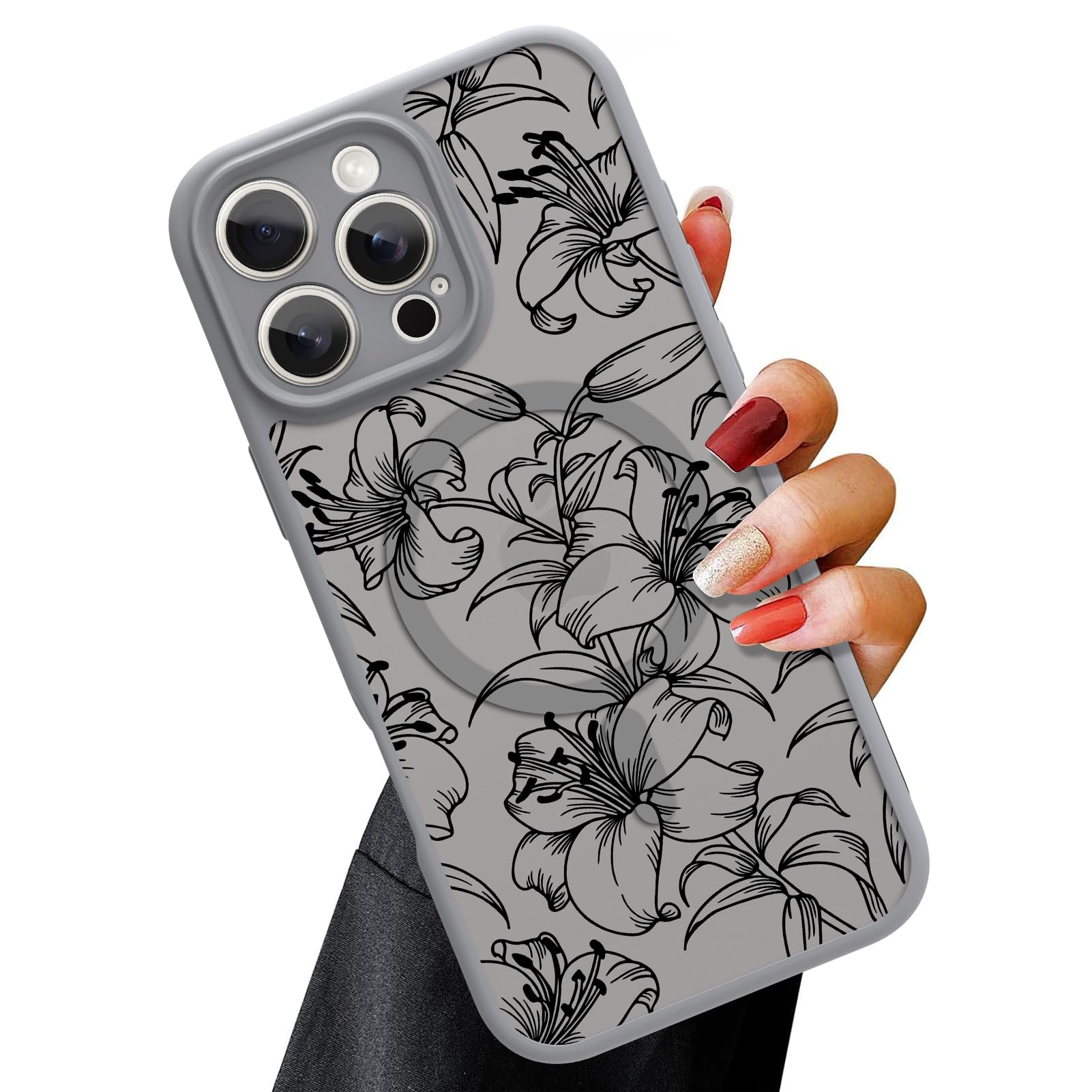 OOK Magnetic for iPhone 16 Pro Max Case Grey Flower Lily Pattern [Compatible with MagSafe] Slim Translucent Matte Camera Lens Protection Case for