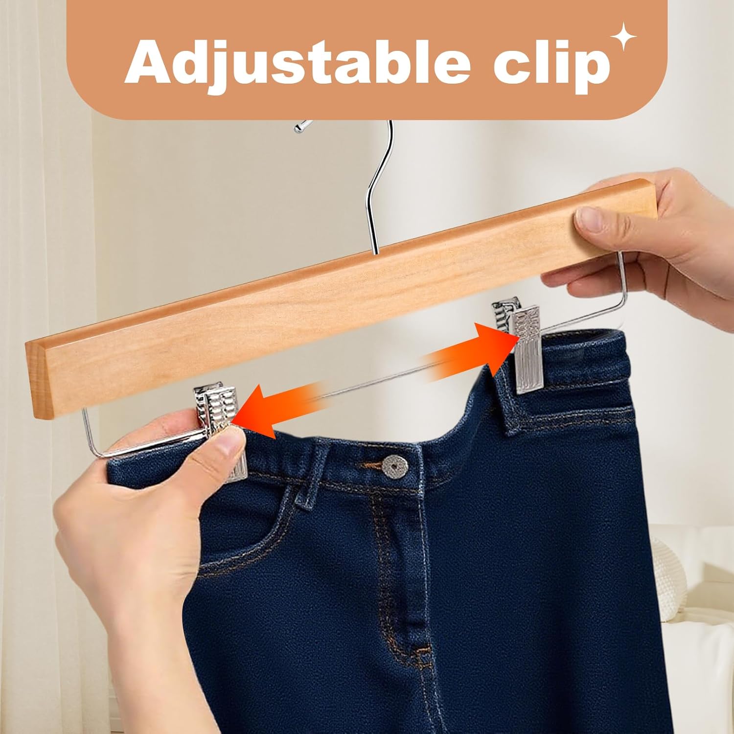 10 Pack Pants Hangers, Wood Clothes Hangers with 2-Adjustable Clips, Solid Wood Skirt Hanger, 360° Swivel Hook, Wooden Hanger for Jeans Shorts Slacks Skirts Trousers, Natural