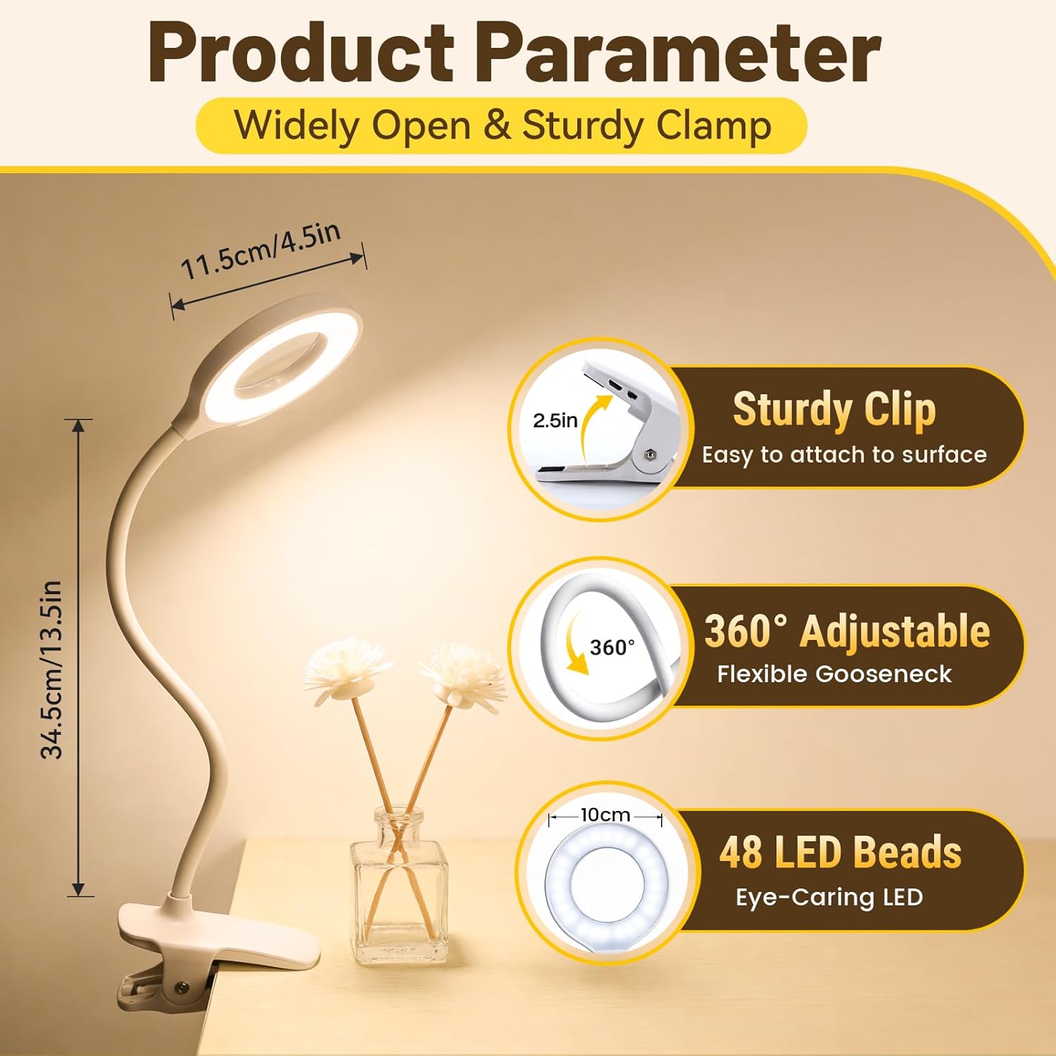 Clip on Reading Light for Bed Headboard, Rechargeable Battery with Large Clamp, 5 Colors & 5 Brightness Flexible Neck Desk Lamp, Eye Protection LED Touch Control Book Light for Kids, Bunk Bed, (White)