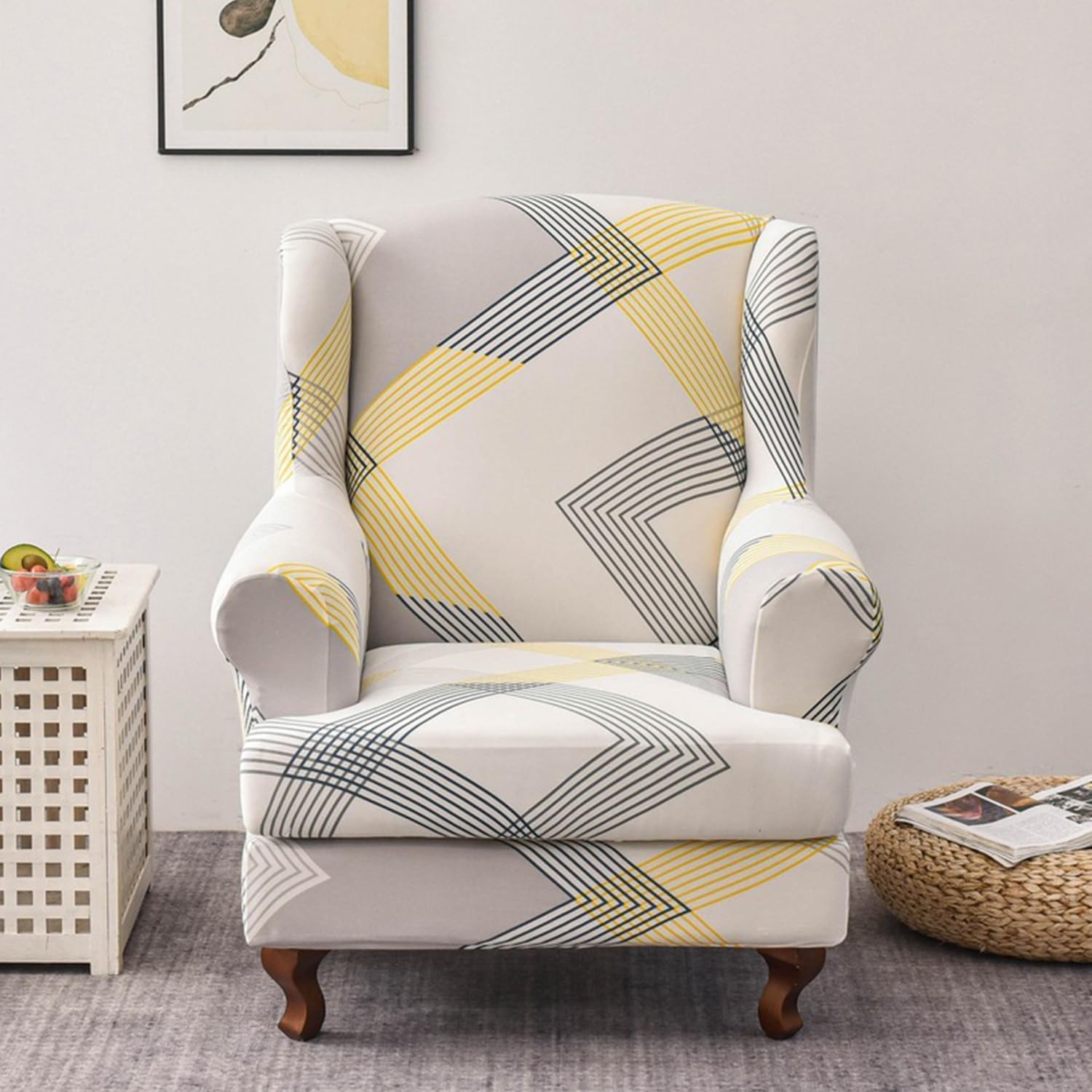 J,2pcs, Wingback Chair Cover 2 Pieces Stretch Wing Chair Slipcovers with Pattern Soft Furniture Protector Couch with Elastic Bottom Sofa Slipcover for Living Room