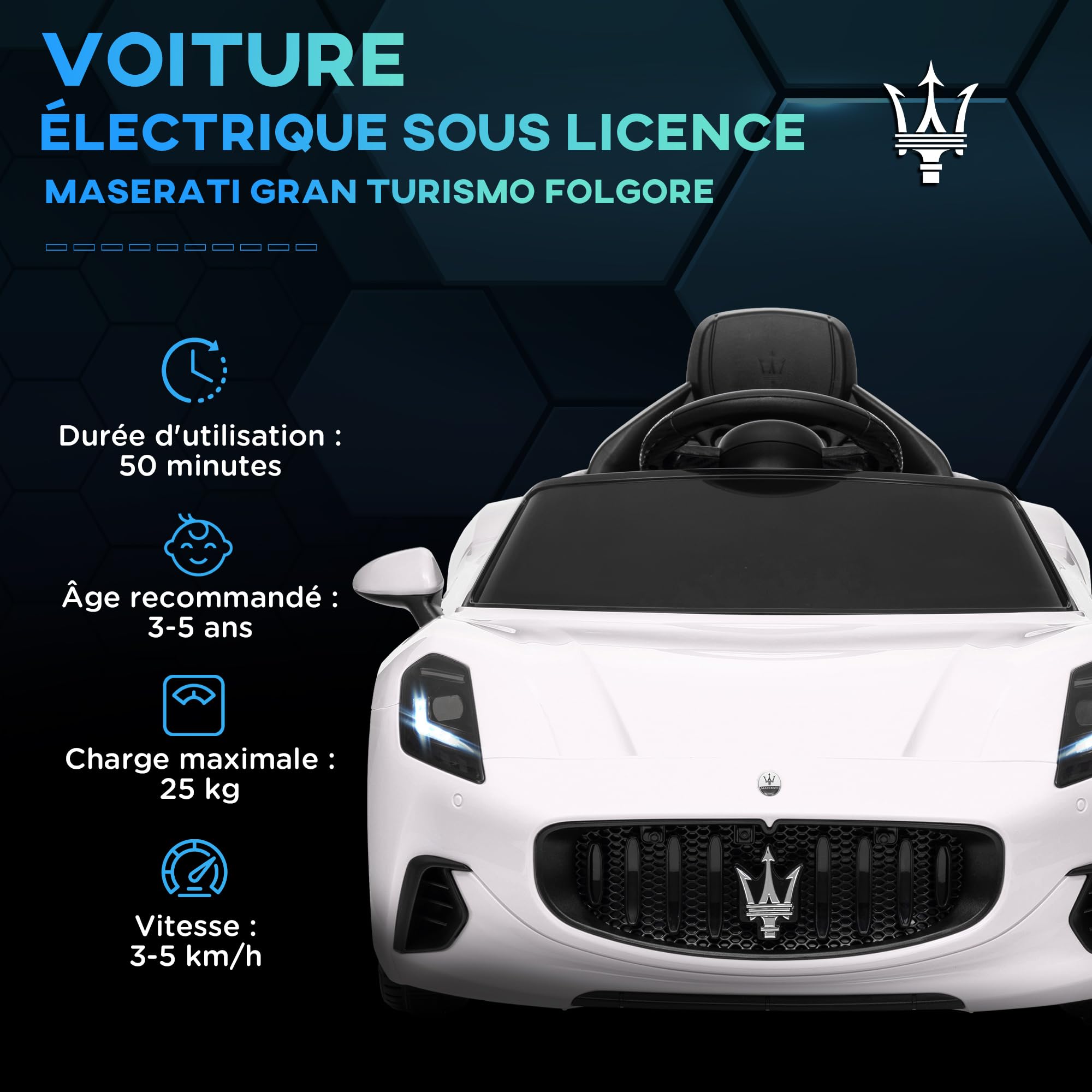 AIYAPLAY Voiture électrique Enfants sous Licence Maserati Gran Turismo Folgore, véhicule électrique 12V avec télécommande 2,4G, phares LED, Musique, klaxon, MP3, Voiture pour Enfants 3 à 5 Ans, Blanc