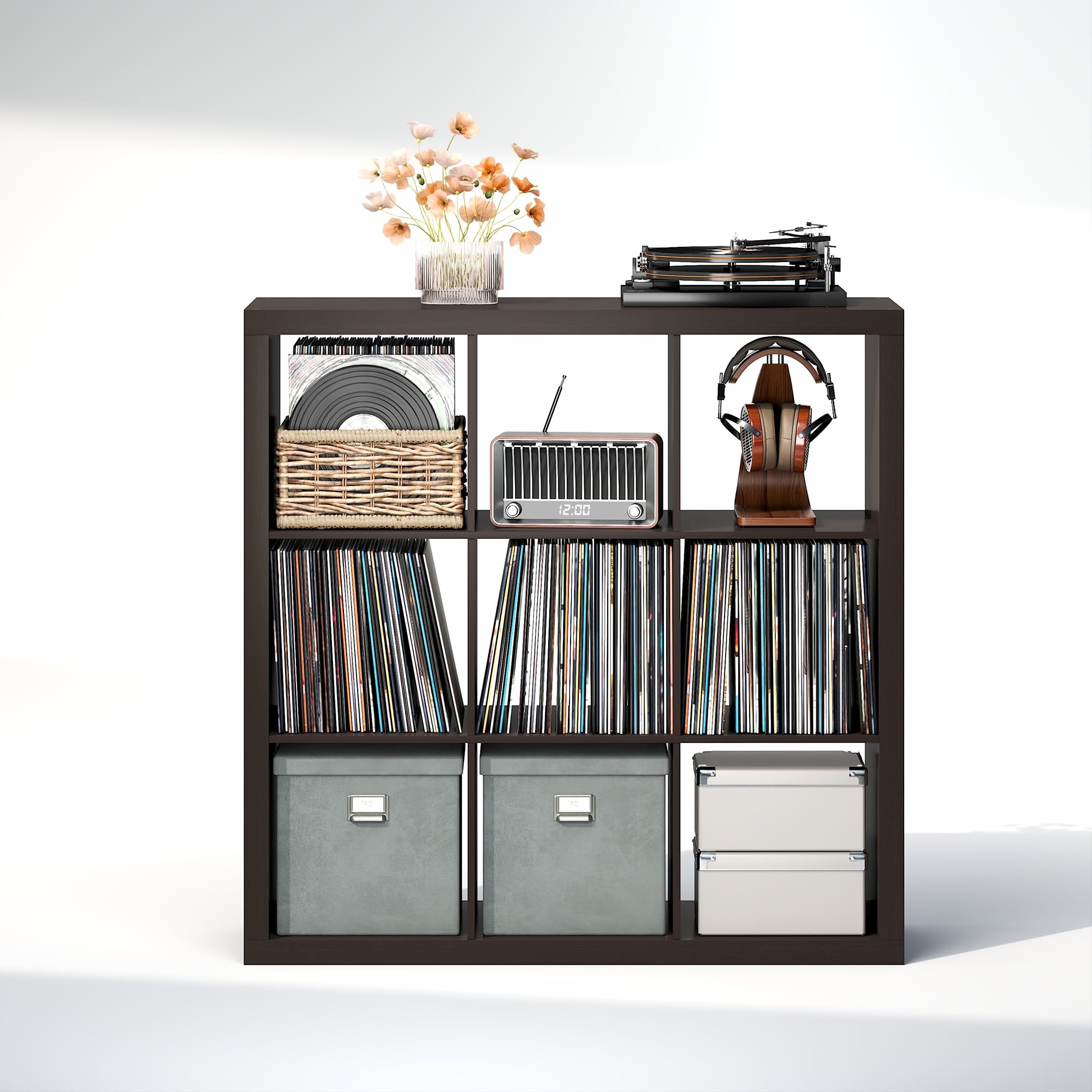 Furinno CUBICLE Mobile per Giradischi con Raccoglitore per Vinili, 9-Cube 1.8 Triplo Spessore Raccoglitore per Dischi in Vinile, Scaffale Multimediale per CD DVD Dischi, Rovere Scuro Nero