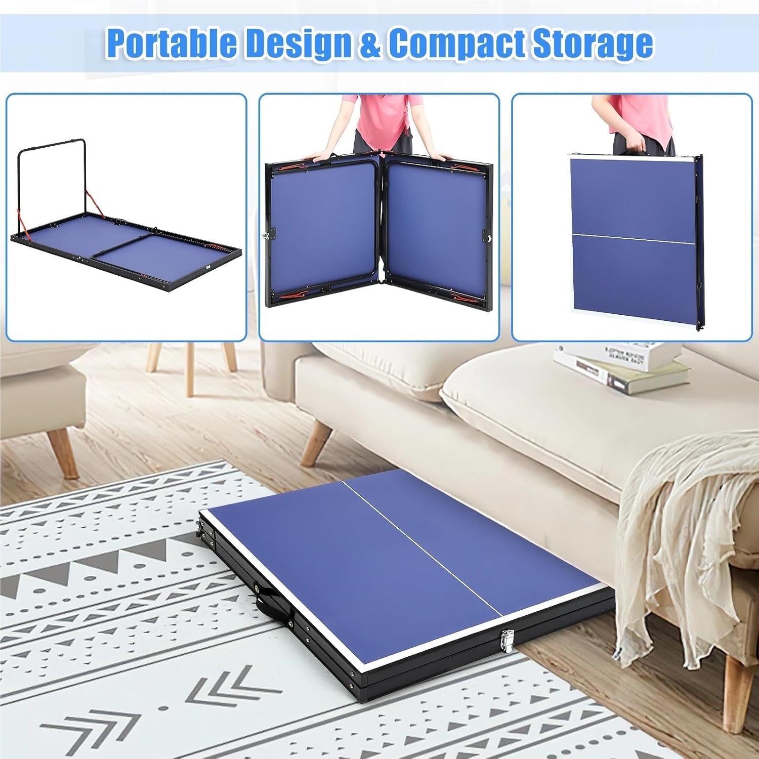 Table Tennis Table Ping Pong Table,Foldable,with Net and2 Paddles and 3 Balls,No Assembly,Portable Tennis Set