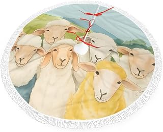 Colorful Farmhouse Sheep on Grassland with Tassel Edge Christmas Tree Skirt Thicken Pine Needle Tree Mat Decoration 48"