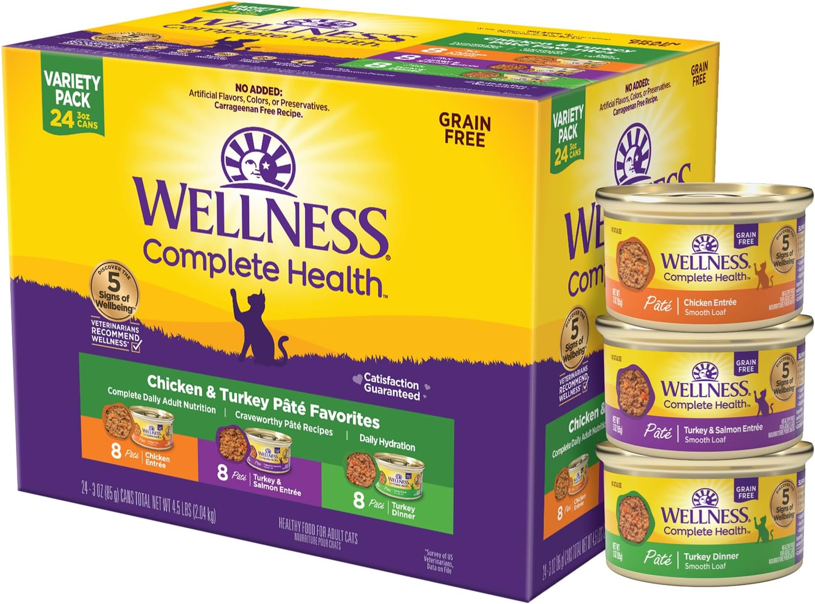 Wellness Complete Health Pate Variety Pack Adult Canned Wet Cat Food, Natural, Protein Rich, Grain Free, Chicken and Turkey Favorites, 3 oz, Pack of 24 Cans