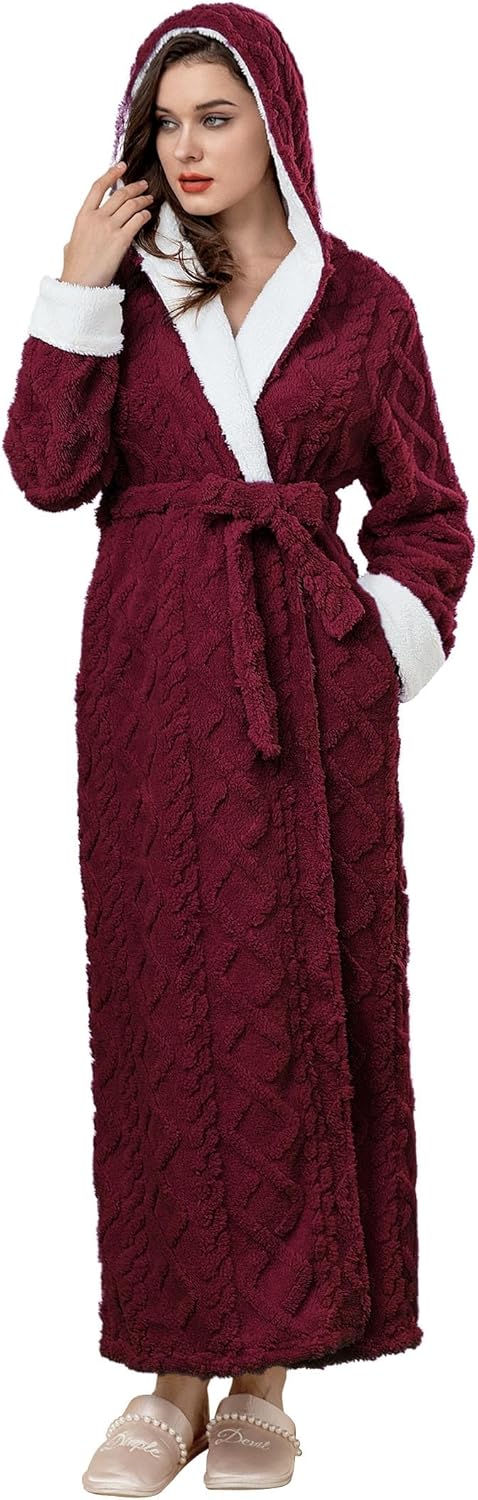 Hellomamma Women Fluffy Robes With Hood: Floor Length Long Fleece Winter Bathrobes Ladies Hooded Housecoat for Spa Shower