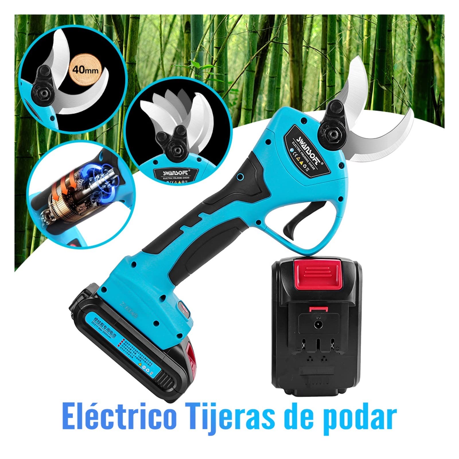 Tijeras de Podar Electricas, Tijeras de jardín, podadora eléctrica inalámbrica, 88VF, 21V, 40mm, podadora eléctrica, batería Recargable, Tijeras de podar, Cortador de jardín(WS-8605 40MM)