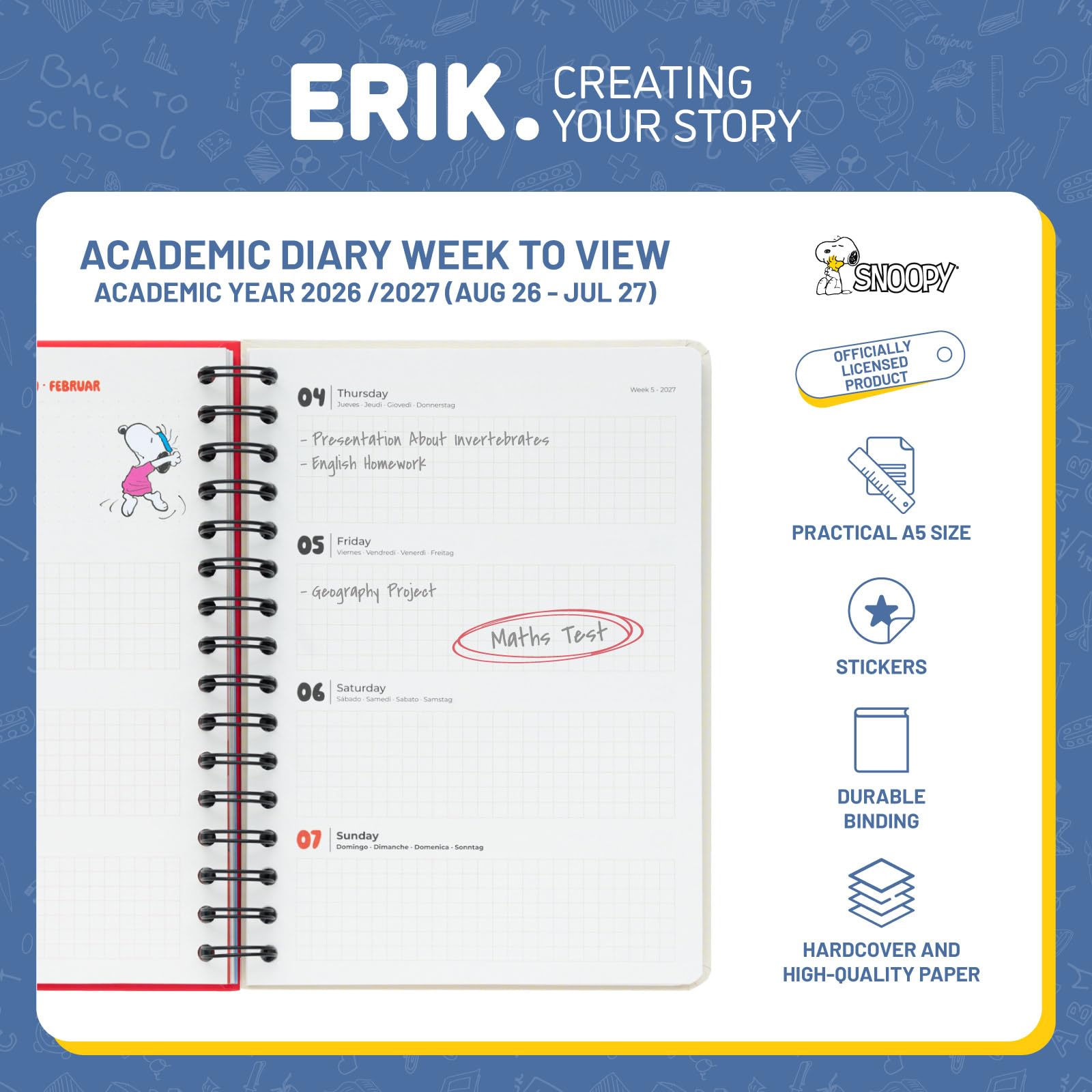 Grupo Erik A5 Academic Diary 2026-2027 Week to View - Snoopy Gifts for Dog Lovers | Back to School Planner 2026-2027, Mid Year Diary 2026 2027, A5 Weekly Planner | Snoopy Stationery, Dog Stationery