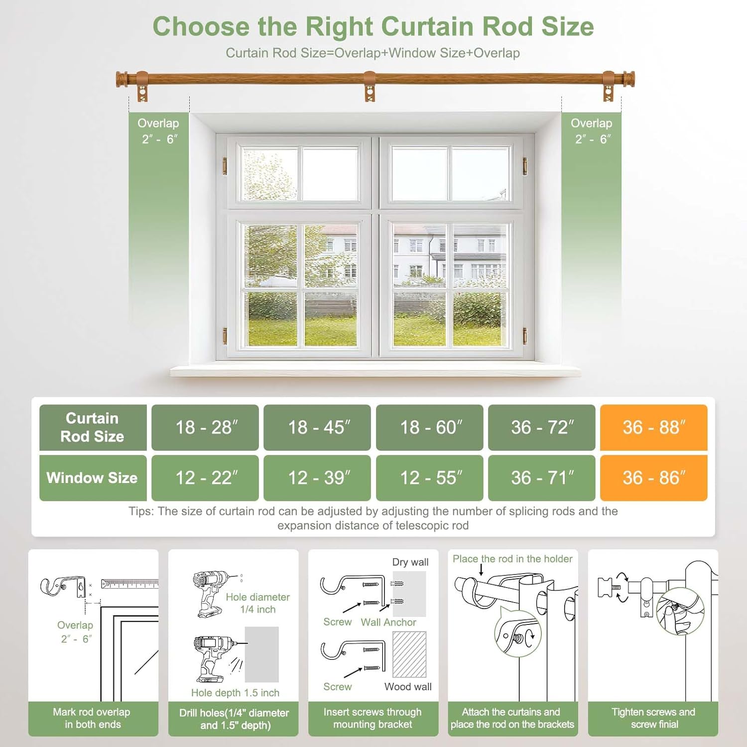 TKZTKZ Sturdy Durable Curtain Rod:Faux Wood Curtain Rods for Windows 36-88",Adjustable Heavy Duty Curtains Rod for Bedroom/Kitchen/Apartment/Door,Small Decorative Farmhouse Boho Drapery Rods,All-Metal