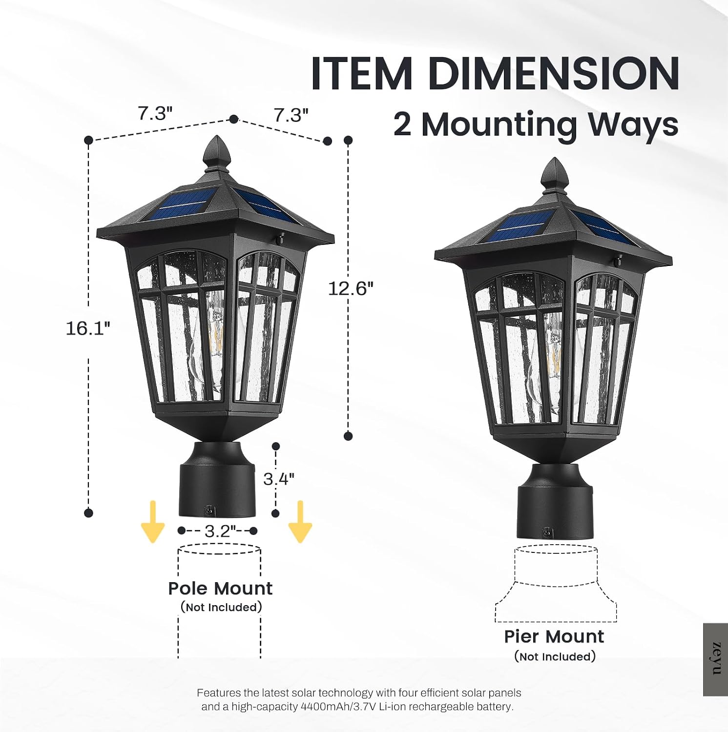 zeyu 16 Inch Solar Exterior Post Lamp Light, Dusk to Dawn Outdoor Lamp Post Light with Remote, Die-Cast Aluminum with Seeded Glass Shade, Black Finish, ZYX113P SL BK