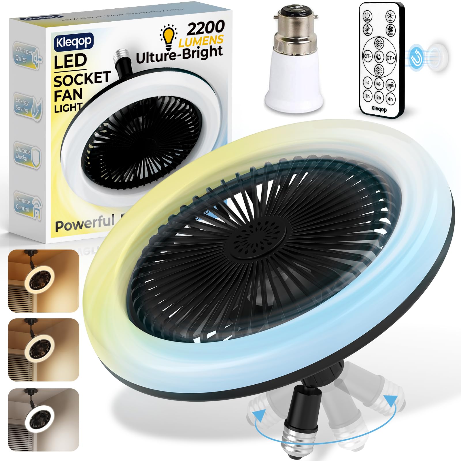 Bayonet Fitting Ceiling Fans with Lights and Remote, 2200LM LED Light Bulb Fan with E27 to B22 Adapter, Plug in Ceiling Fan with Light, Small Screw in Ceiling Fan Light, Quiet Fanlight for Kitchen