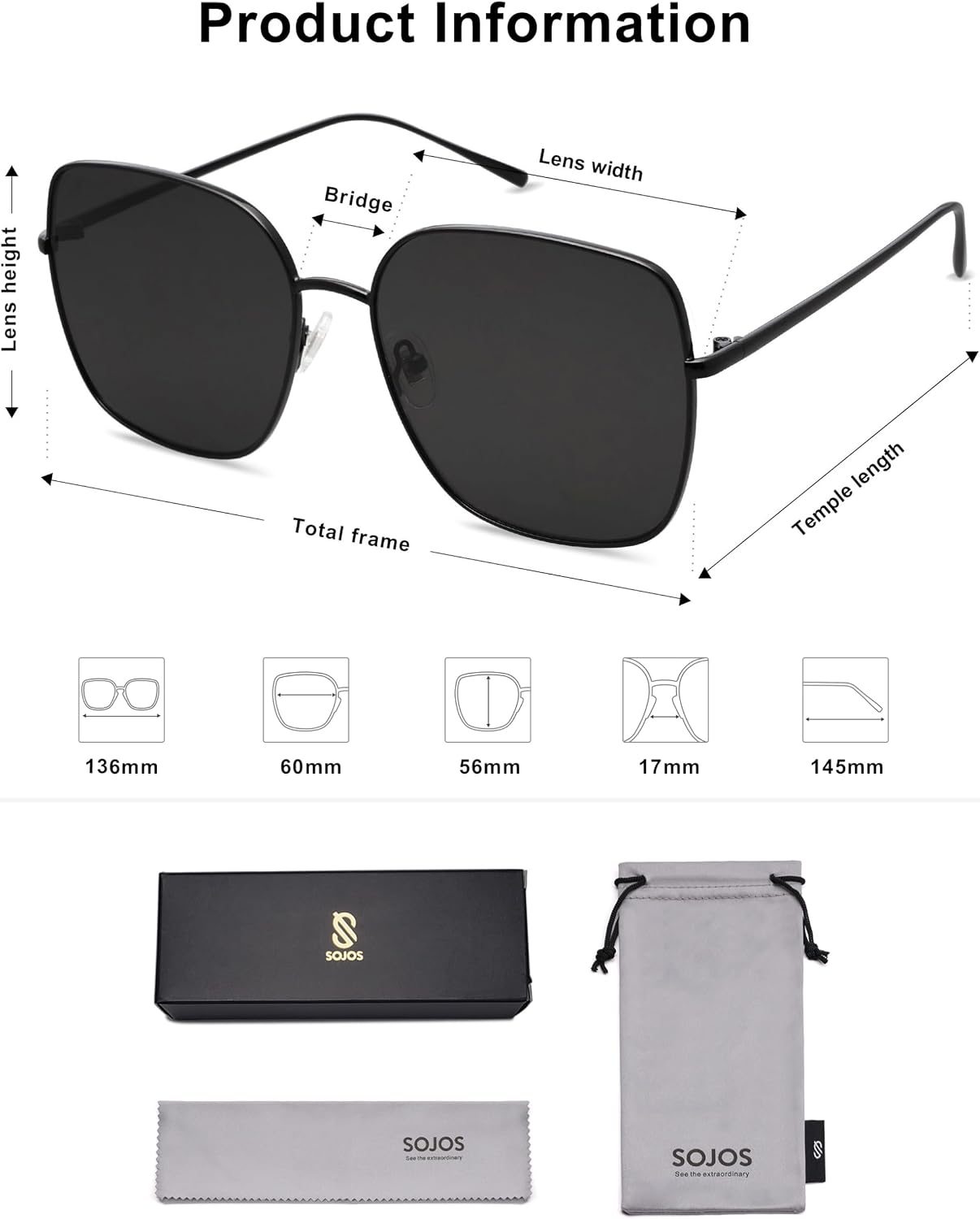 SOJOS Trendy Oversized Square Metal Frame Sunglasses for Women Men SJ1146 image 5