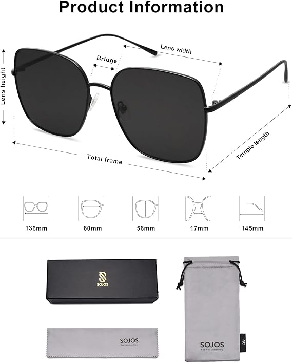 SOJOS Trendy Oversized Square Metal Frame Sunglasses for Women Men SJ1146