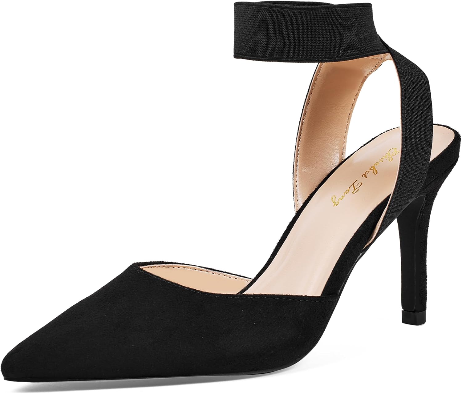 Elisabet Tang 3IN Elastic Bungee Ankle Strap Closed Toe Pumps for Women Suede Pointed Crossing Strappy Mid Heel Stiletto Pumps Sexy 7.5 Black