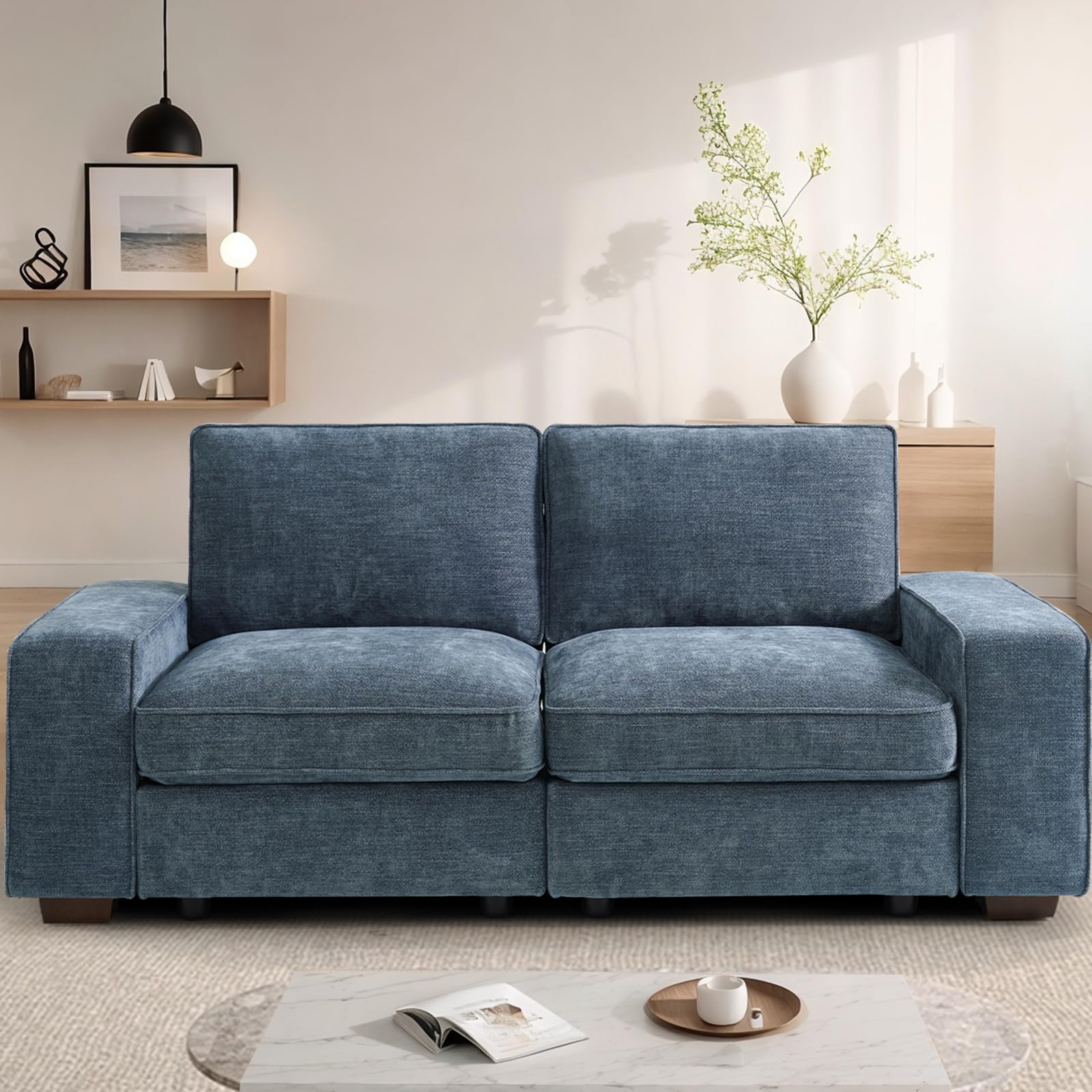 ( incomplete)( box 1 of 2) TEKAMON 73" Modular Sofa Couch with Seat Storage, Comfy 2-Seater Chenille Fabric Loveseat Sofa for Living Room, Office, Apartment W/Deep Seat, Wide Armrest,Pockets, USB Charging Removable Cover(Blue)