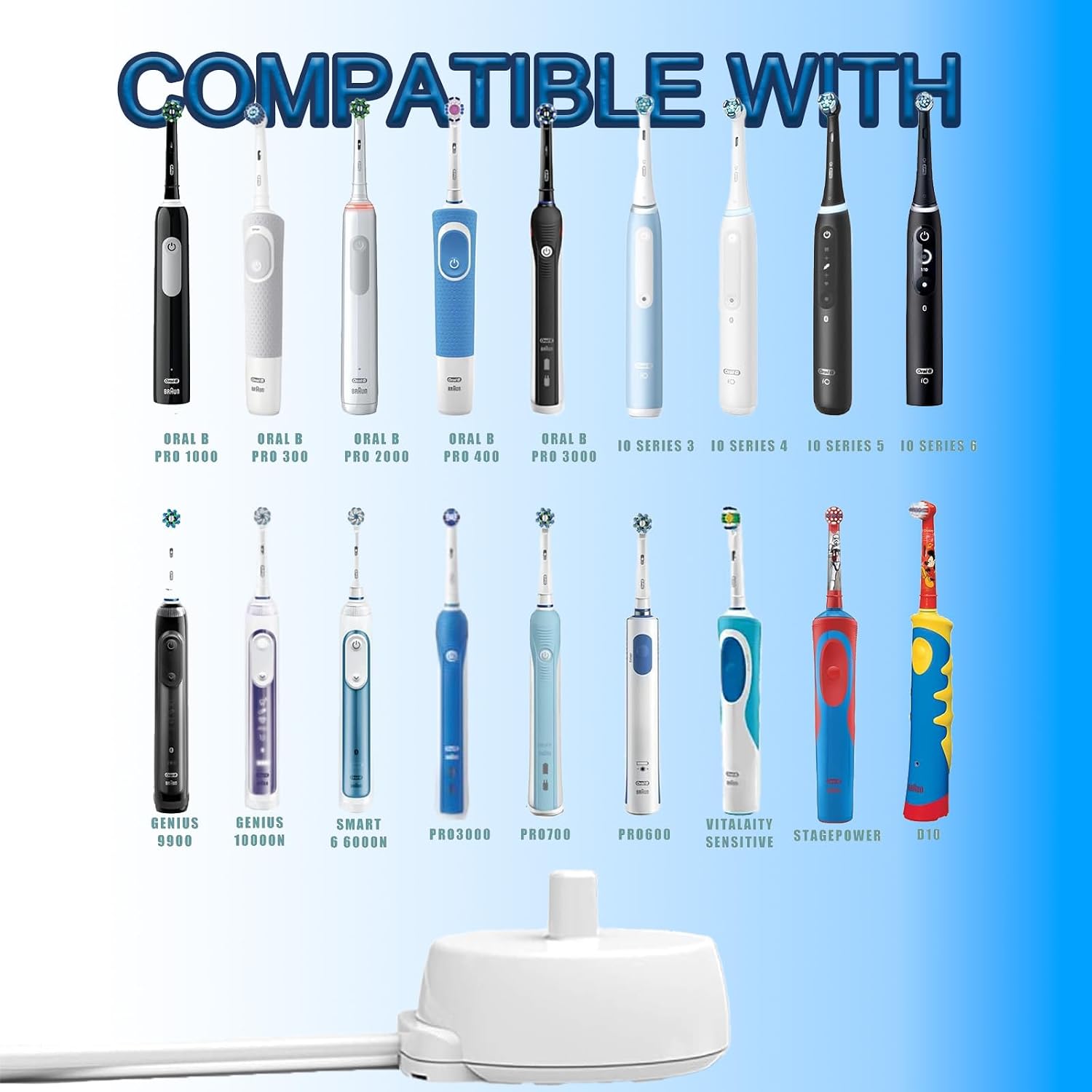 Charger Base Replacement for Braun Oral-B Toothbrush Pro 1000 3757 Pro 300 400 500 1000 2000 3000 IO Series 3 4 5 6 Portable Travel IP67 Waterproof Inductive Charging Power Cord