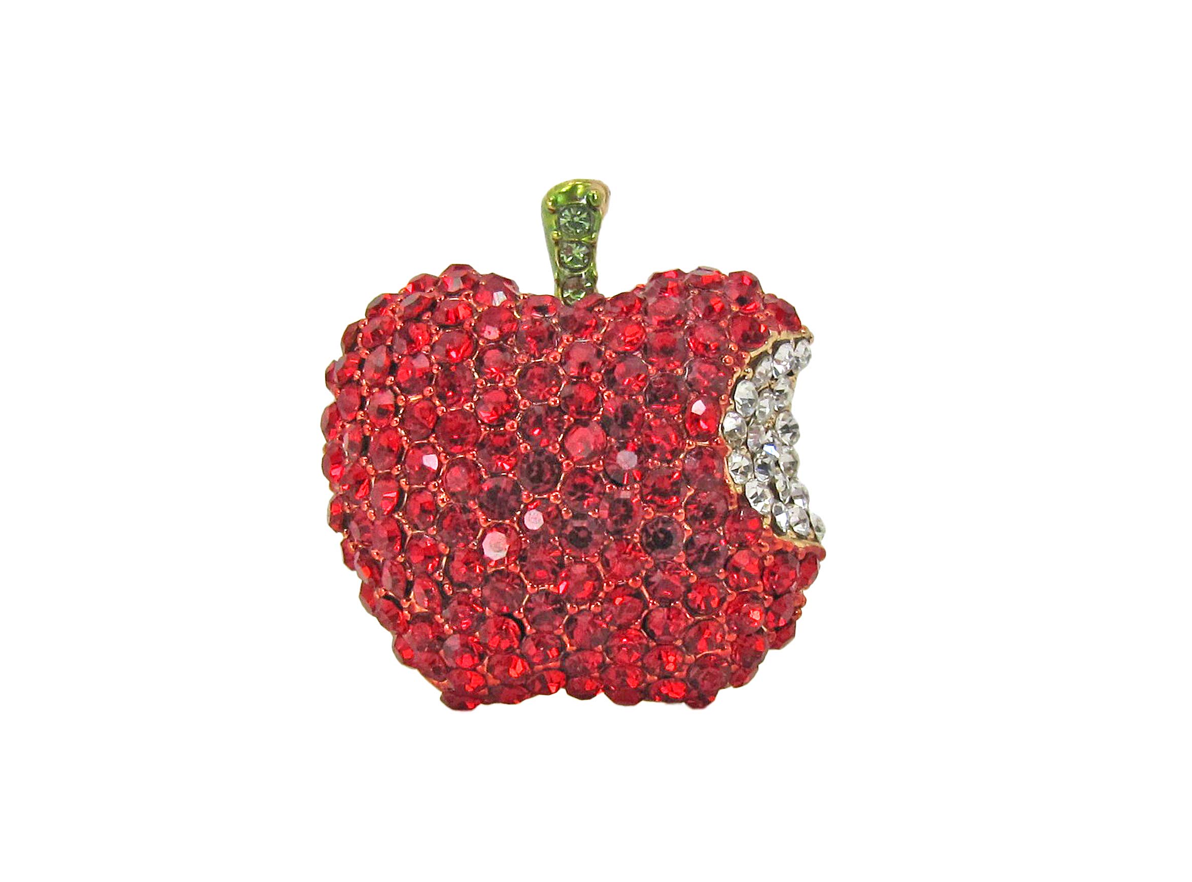 Sparking red crystal apple brooch pin created with all red and clear crystals and red enamel.