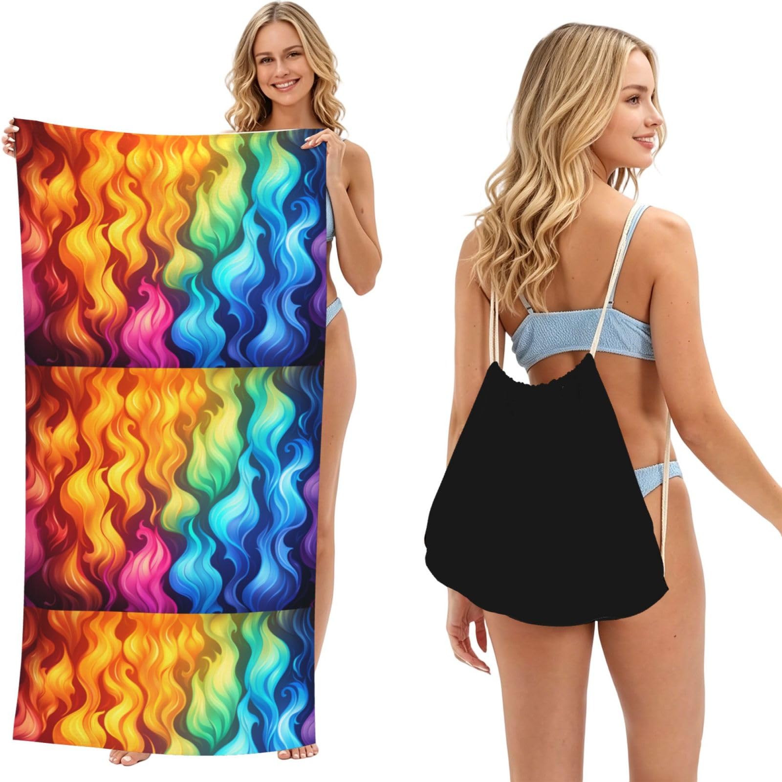 SKGOHLH Mysterious Rainbow Flames 2in1 Packable Beach Towel Bag Women