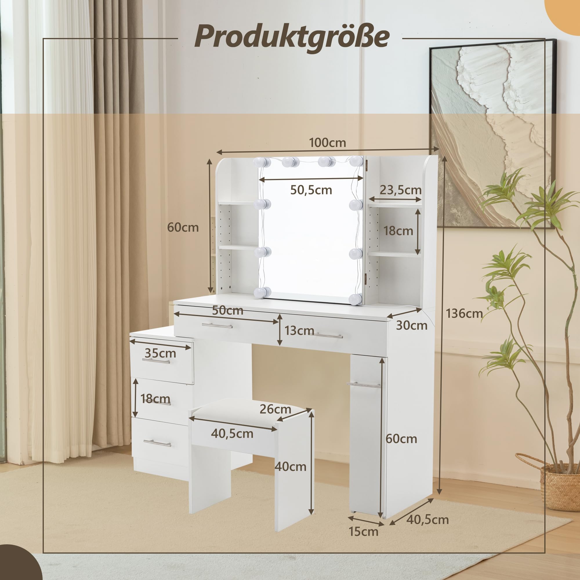 Thanaddo Schminktisch mit Schiebespiegel, 5 Schubladen, offenen Regalen, Hocker, Modern Kosmetiktisch, Frisiertisch, Weiß