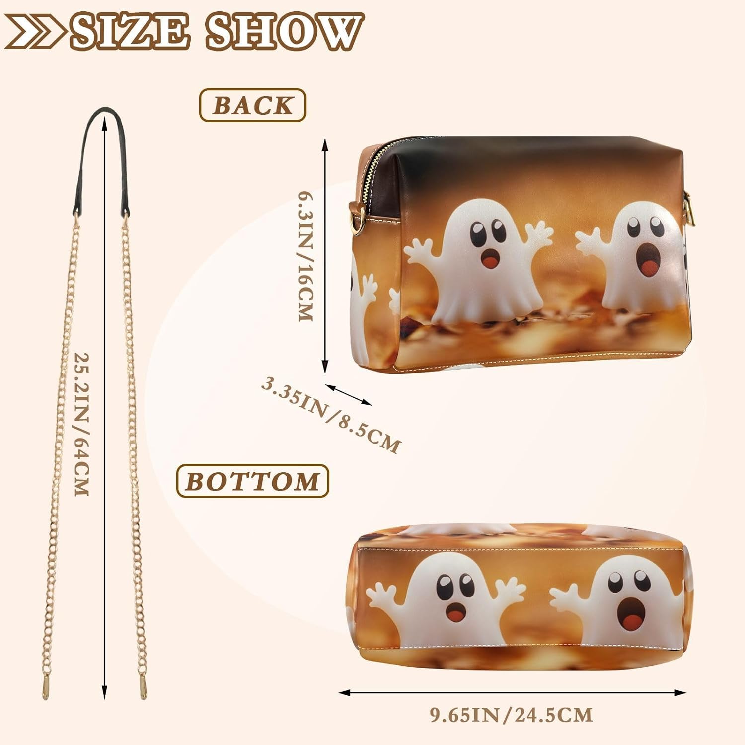 Women Crossbody Bag Shoulder Handbag Cellphone Purse PU Leather Metal Chain Strap Water Resistant Zipper Closure Cute Ghosts Print