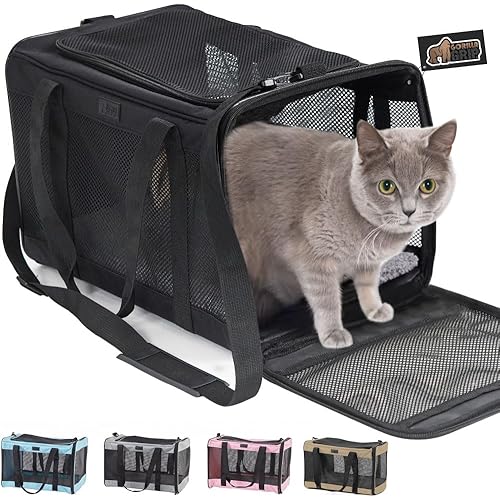 Gorilla Grip Airline Travel Cat Carrier Bag Up to 15 Lbs, Breathable Mesh Collapsible Pet Carriers for Small, Medium Cats, Small Dogs, Puppies, Portable Kennel with Soft Washable Waterproof Pad, Black