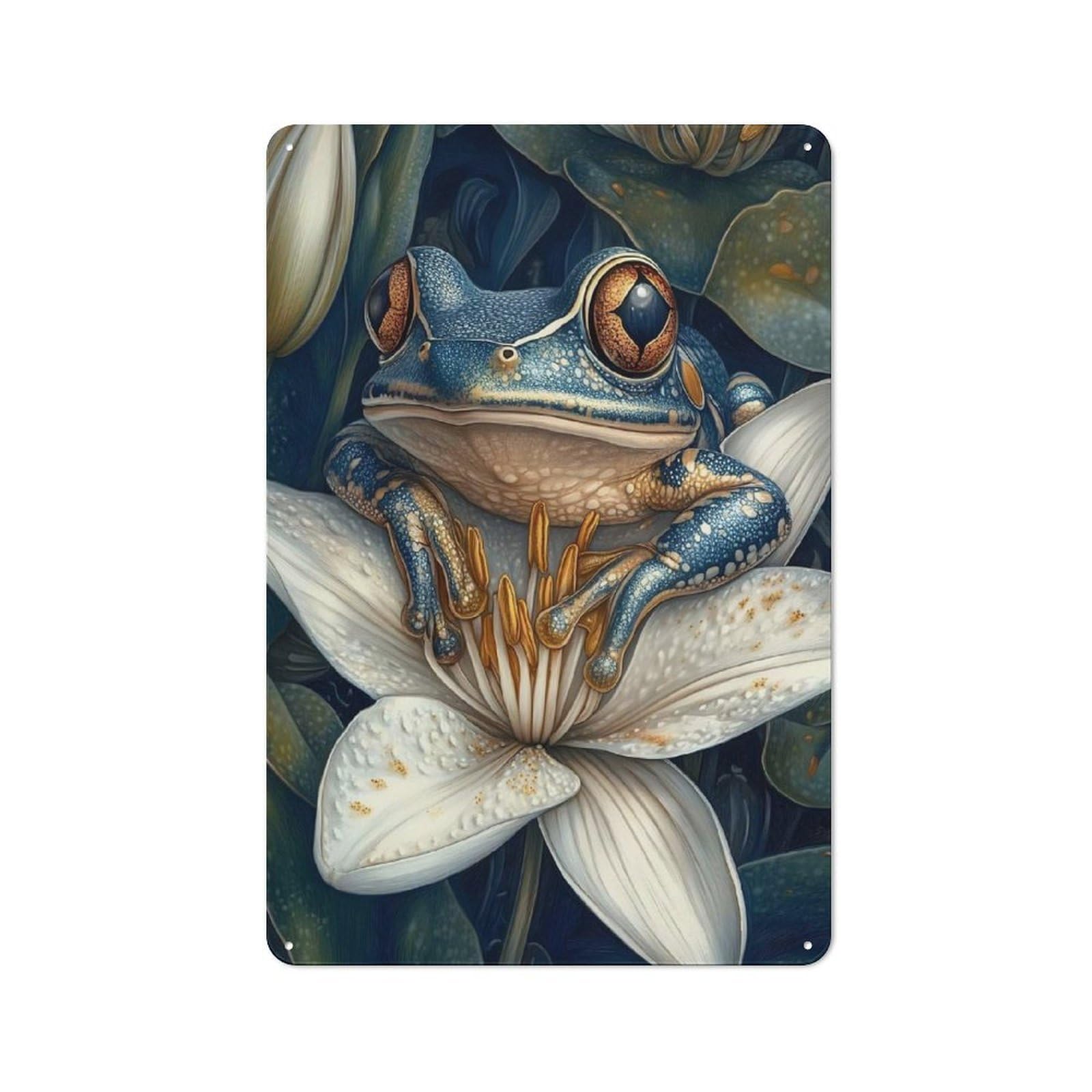 30x20cm Retro Metal Sign with Blue Frog On Lily for Home Office Or Studio, Suited to Wall Displays in Home Offices And Studios