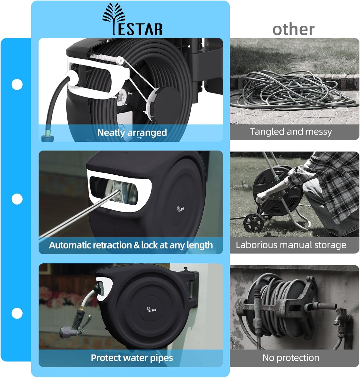 Retractable Garden Hose Reel 1/2"x130 ft, Automatic Hose Reel with 7 Pattern Nozzle,Any Length Lock Wall Mounted &180 Deg Swivel