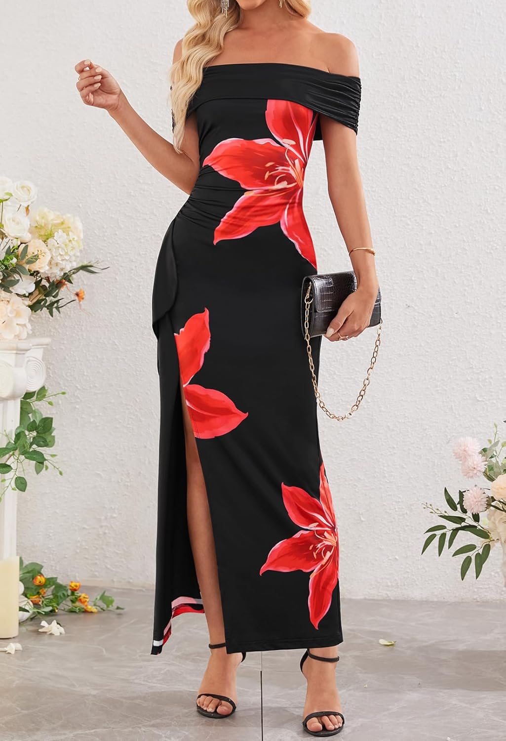 MEROKEETY Women's Floral Off Shoulder Maxi Dresses 2025 Sexy High Split Cocktail Wedding Guest Dress - Image 5